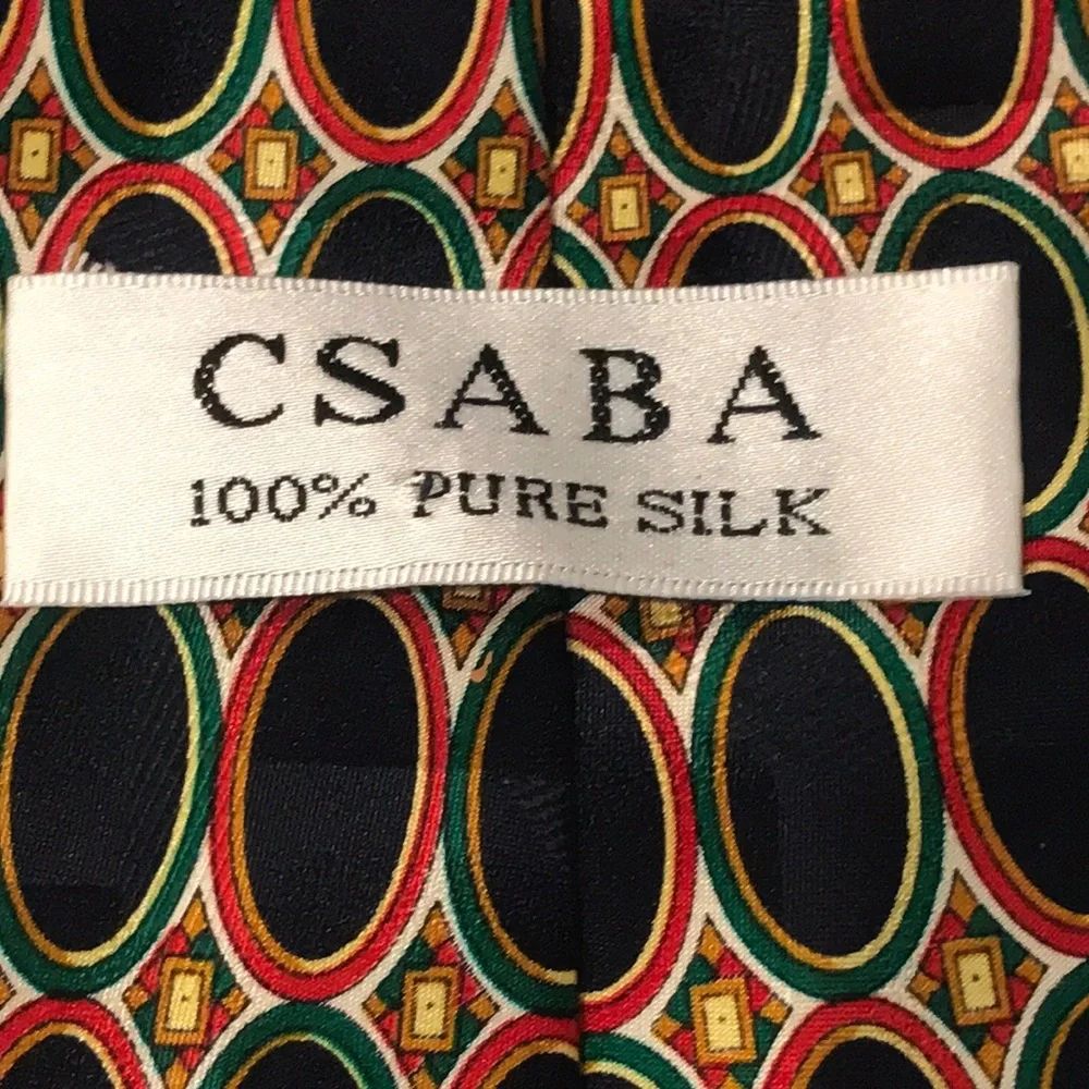 CSABA Silk‎ Tie Mens Navy Blue Multicolor Geometric Art Deco Designer Necktie